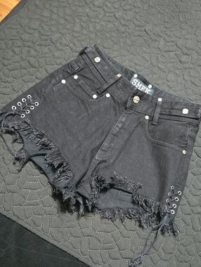 RARE SMFK Black Frayed Lace-Up Denim Shorts for Women